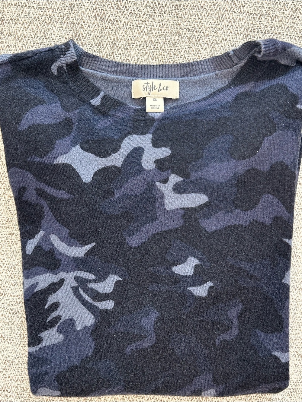 Style & Co. Navy and Gray Camouflage Pullover